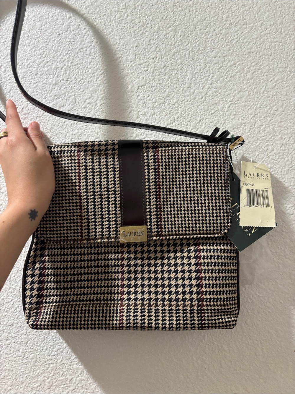 Lauren Ralph Lauren Brown Houndstooth Crossbody with Dark Brown Trim